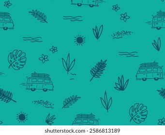 Seamless pattern summer sun surf tropical
