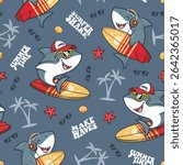 Seamless Pattern Summer Surfing With Cool Surfer Shark, Cartoon Illustration
