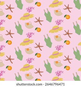 Patrón sin costuras con traje de baño de verano, naranjas, sombrero, estrellas de mar de corales, patrón de vacaciones sobre fondo rosa