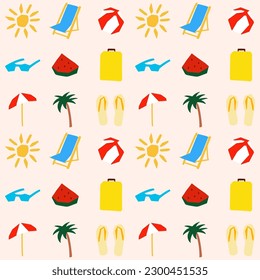 Patrón sin foco con símbolo de verano ilustración en el corte estilo solomillo de palma maleta sandía 