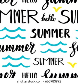 Seamless pattern with Summer text and doodle waves. Calligraphic lettering .