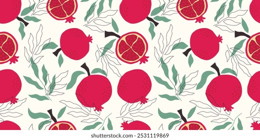 Patrón sin costuras para textiles de verano y tela con jugosas granadas. Diseño de Vector con granada roja y hojas. Fondo dibujado a mano con frutas abstractas.