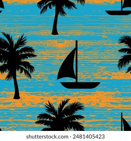 seamless pattern for summer textiles with palm trees, sailboat and orange grunge