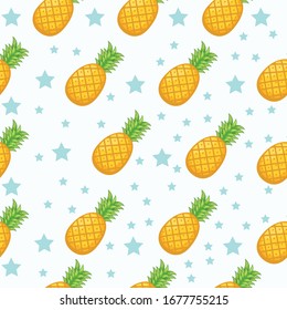 Seamless pattern summer theme Pineapple and blue star on white background.Vector Illustration,  for fabric, wallpaper, wrapping paper, cards, sites.
