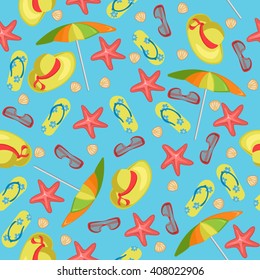 seamless pattern for a summer theme with slippers, umbrella, glasses, hats, starfish and seashells