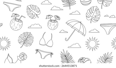 A seamless pattern with summer themed elements: coconuts with umbrellas, monstera leaves, palm leaves, suns, clouds, umbrella, and swimwear.