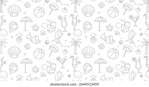 A seamless pattern of summer themed line art, including beach balls, cocktails, palm trees, and beach umbrellas.