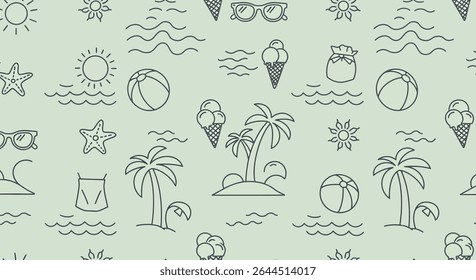 Seamless pattern with summer themed line art icons: palm trees, beach balls, ice cream cones, sun, sunglasses, starfish, waves, and a beach bag.