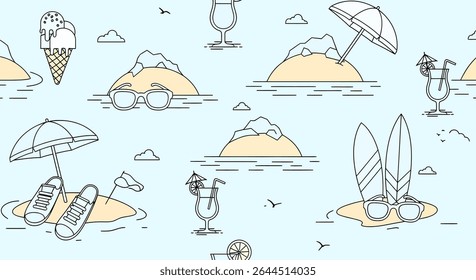 Seamless pattern with summer themed line art: islands, drinks, surfboards, sunglasses, umbrellas, shoes, clouds and birds.