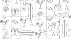 A seamless pattern of summer themed objects: surfboards, cocktails with lemon slices, seashells, starfish, and flip-flops, all in black and white line art.