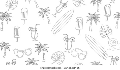 A seamless pattern of summer themed objects in outline form. Includes palm trees, surfboards, cocktails, sunglasses, ice cream, and tropical leaves.