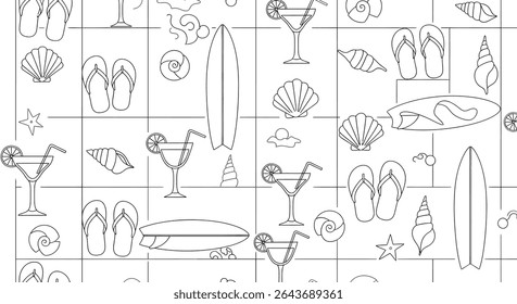 A seamless pattern of summer themed objects: surfboards, cocktails with lemon slices, seashells, starfish, and flip-flops, all in black and white line art.
