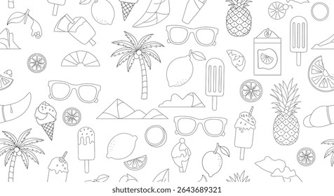 A seamless pattern of summer themed outlines including pineapples, lemons, ice cream, sunglasses, palm trees, and mountain silhouettes.