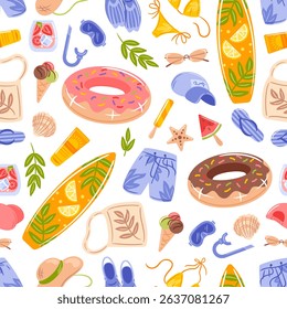 Seamless pattern of summer themed symbols including swimsuit, surfboard, sunglasses, hat, watermelon slice, donut buoy, ice cream, starfish and shell.