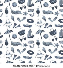 Seamless pattern with summer things for beach in blue color. Flat style. Vector illustration