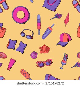 Seamless pattern of summer things. Cartoon style. Stock illustration. Design for wallpaper, fabric, textile, packaging, website.