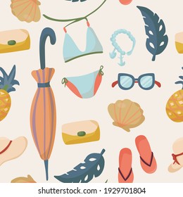 Seamless pattern with summer things and objects. beach accessories with bathing suit, flip flops and sunglasses. pattern for wrapping paper, textile or fabric. Tourism and Travel. Vector