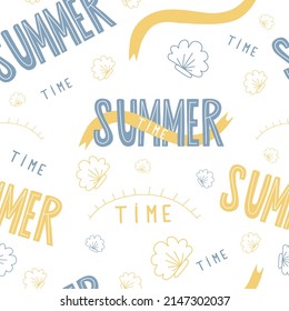 Seamless pattern Summer time. Decorative blue yellow lettering, seashells, sun and ribbons on white background. Vector illustration. For design and decor, wallpapers, textiles and printing.