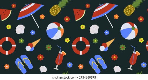 Seamless pattern with summer time elements, beach party objects, vector set.