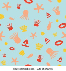 Seamless pattern in Summer time at the sea theme with squid,fish,sailboat,starfish,bubble,coral,shell,calm,swim tube and seaweed in red,orange,yellow and light blue background element, Vector