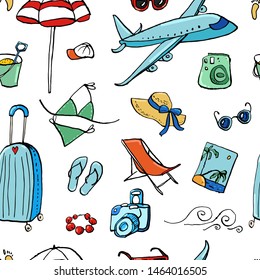 Seamless pattern from summer travel doodles with ink contour. Vector stock set. Cute vacation icons. Can be used for printed materials. Beach holiday background. Hand drawn design elements. 