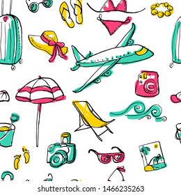Seamless pattern from summer travel doodles with ink contour. Vector stock set. Cute vacation icons. Can be used for printed materials. Beach holiday background. Hand drawn design elements. 