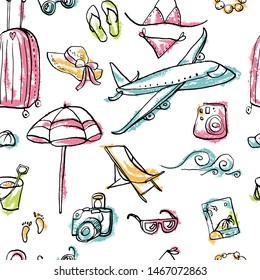 Seamless pattern from summer travel doodles with ink contour. Vector stock set. Cute vacation icons. Can be used for printed materials. Beach holiday background. Hand drawn design elements. 
