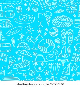 Seamless pattern with summer travel hand drawn icons on azure background. Vector illustration.