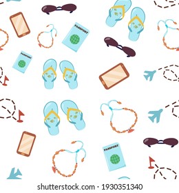 Seamless pattern of summer travel items for recreation. Objects for travelling around the world. Vector collection of planning a summer vacation, tourism and journey objects.