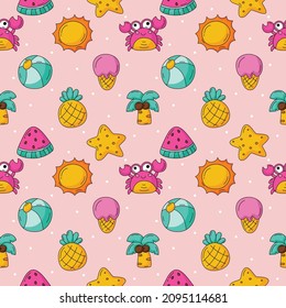 seamless pattern summer. travel and tourism on pink background. vector Illustration.