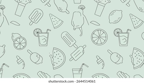 Padrão contínuo de doces de verão: picolés, fatias de melancia, limonada com palhas e fatias de limão, e limões inteiros, tudo em um estilo de arte de linha simples.