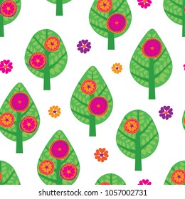 Seamless pattern with summer trees and flowers for kids textile, wallpapers, gift wrap and scrapbook. Vector.