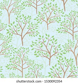 Seamless pattern of summer trees on a blue background