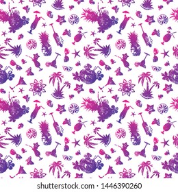 Seamless pattern. Summer tropical background cocktail with fruit and palm trees.
