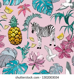 Patrón sin problemas con Flores tropicales de verano, hojas y cebras, aves y frutas, ilustración vectorial