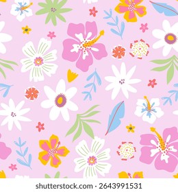 Patrón sin fisuras con flores tropicales de verano. Flores rosas pastel de la selva, textura de las hojas. Ilustración vectorial