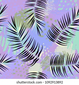 Seamless pattern with summer tropical leaves and geometrics background in memphis style. 