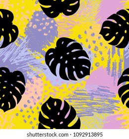 Seamless pattern with summer tropical leaves and geometrics background in memphis style. 