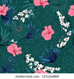 Seamless pattern summer Tropical palm leaves and hibiscus and exotic forest flowers white hand drawn line layer on polka dots design for fashion,fabric,web,wallpaper,and all prints on dark green