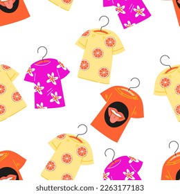 Seamless pattern with summer t-shirts, flat vector illustration on white background. Repeating endless background for textile print design. Clothing seamless pattern.