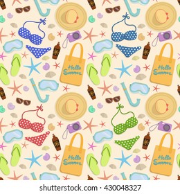 Seamless pattern of summer vacation accessories with items necessary for a beach relaxation. Vector.