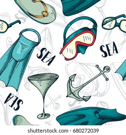 Seamless pattern. Summer vacation background. Vector illustration with hand drawn elements.