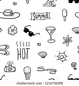 Seamless pattern with summer vacation and beach themes - textile or bedsheet quirky design vector.