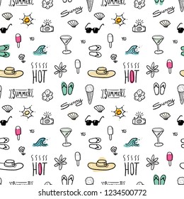 Seamless pattern with summer vacation and beach themes - textile or bedsheet quirky design vector.