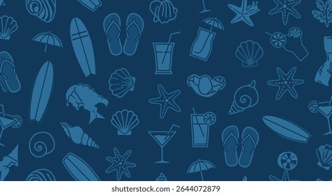 Seamless pattern with summer vacation elements: surfboards, cocktails, seashells, starfish, flip flops, and beach umbrellas in a blue color scheme.