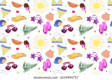 Seamless pattern of summer vacation icons, beach holidays on white background. Bright colors. Vector