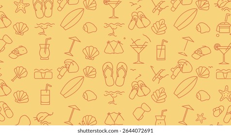 Patrón sin fisuras de iconos de vacaciones de verano: tabla de surf, cócteles, conchas marinas, ropa de playa y chanclas en un estilo de contorno simple.