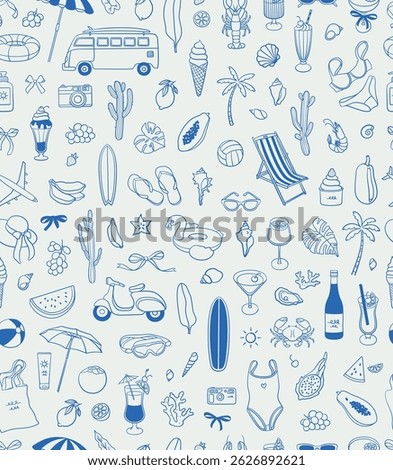 Seamless pattern of summer vacation illustrations. Line art, ink, minimalist style. Vector illustration. Summer collection.