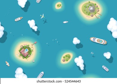 Seamless Pattern. Summer Vacation. The Islands And Ships. (top View) 
Vector Illustration. Time To Travel - Sun, Sea, Island, Sand, Yacht, Airplane, Palm, Clouds.. (view From Above) 