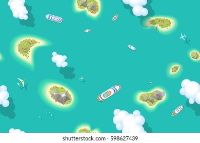 Seamless pattern. Summer vacation. The islands and ships. (top view) Time to travel - sun, sea, island, sand, yacht, airplane, palm, clouds. (view from above)